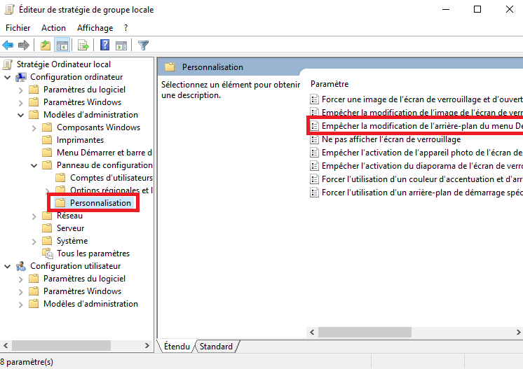 désactiver la modification des paramètres de l'écran de démarrage de Windows 8
